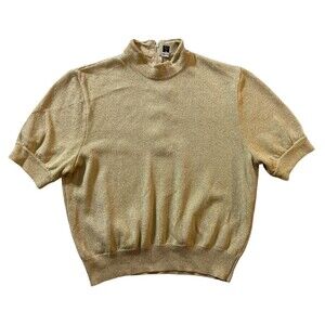 St John Basics by Marie Gray Gold Metallic Knit Top Mock Neck Short Sleeve M USA
